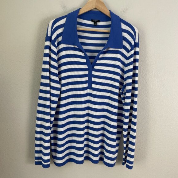 Talbots Plus 2X Ribbed Knit Johnny Collar Pullover Mariner Stripe Top Shirt - Picture 7 of 9